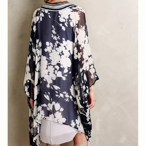 One Size Anthropologie Elevenses Silk Palolem Chiffon Navy White Floral Kimono