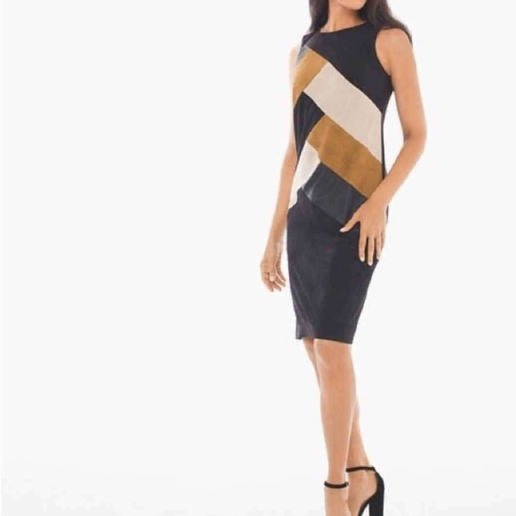 Large Chicos Black Sleeveless Neutral Color Block Suede Leather Dress