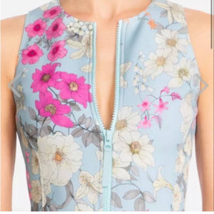 Small Johnny Was Belladonna Neoprene One pIece Front Zip Blue Floral Swim Suit