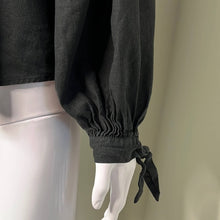 Load image into Gallery viewer, Small Urban Outfitters Black Linen Puff Sleeve V-Neck Button Shirt
