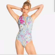 Load image into Gallery viewer, Small Johnny Was Belladonna Neoprene One pIece Front Zip Blue Floral Swim Suit
