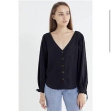 Load image into Gallery viewer, Small Urban Outfitters Black Linen Puff Sleeve V-Neck Button Shirt
