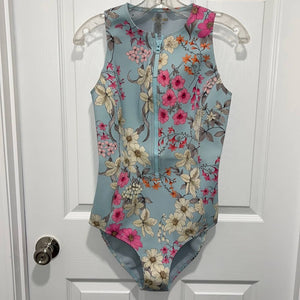 Small Johnny Was Belladonna Neoprene One pIece Front Zip Blue Floral Swim Suit
