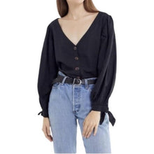 Load image into Gallery viewer, Small Urban Outfitters Black Linen Puff Sleeve V-Neck Button Shirt

